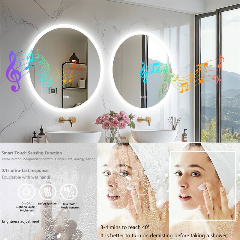 32" Round Wall Illuminated Bathroom Mirror with Lights Bluetooth Speaker Dimmable Defogging - 31.50” x 31.50”