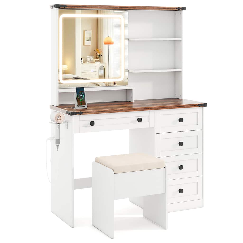 Gymax Farmhouse Vanity Set w/ Mirror and Lights Dressing Table & Chair