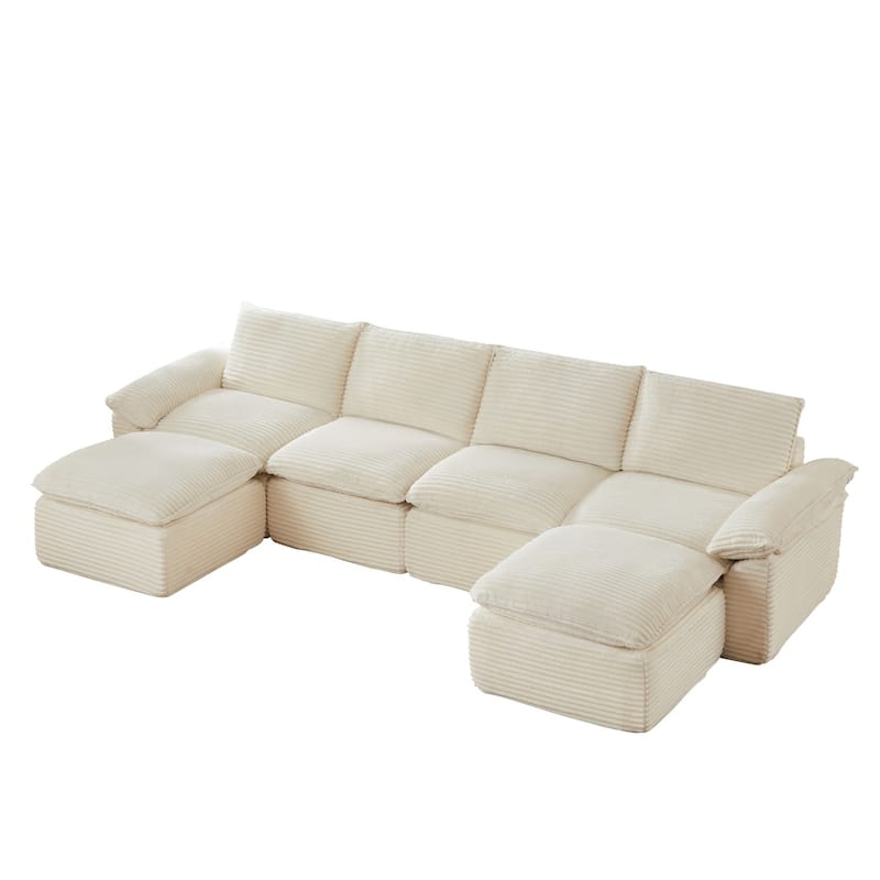141.74" Modern Comfy Sectional Corduroy Sofa with Two Ottomans
