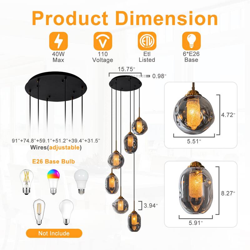 18" 6-Light Smoked Irregular Glass Round Pendant Light, Frosted Tubes