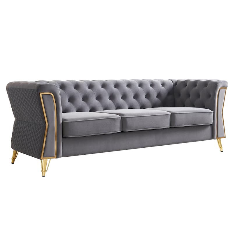 Mid-century Couch Velvet Upholstered Sofa with Button Tufted Backrest, Unique Armrest Design and Golden Metal Decor