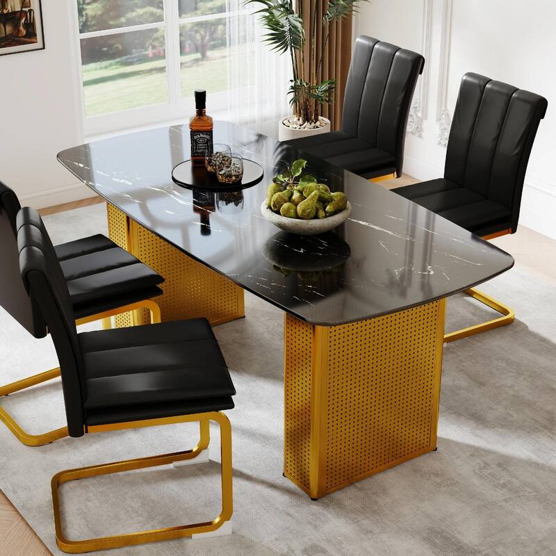 Modern Marble-Patterned Tempered Glass Dining Table, Rectangular Kitchen Table with Dual-Pedestal Metal Base - Black