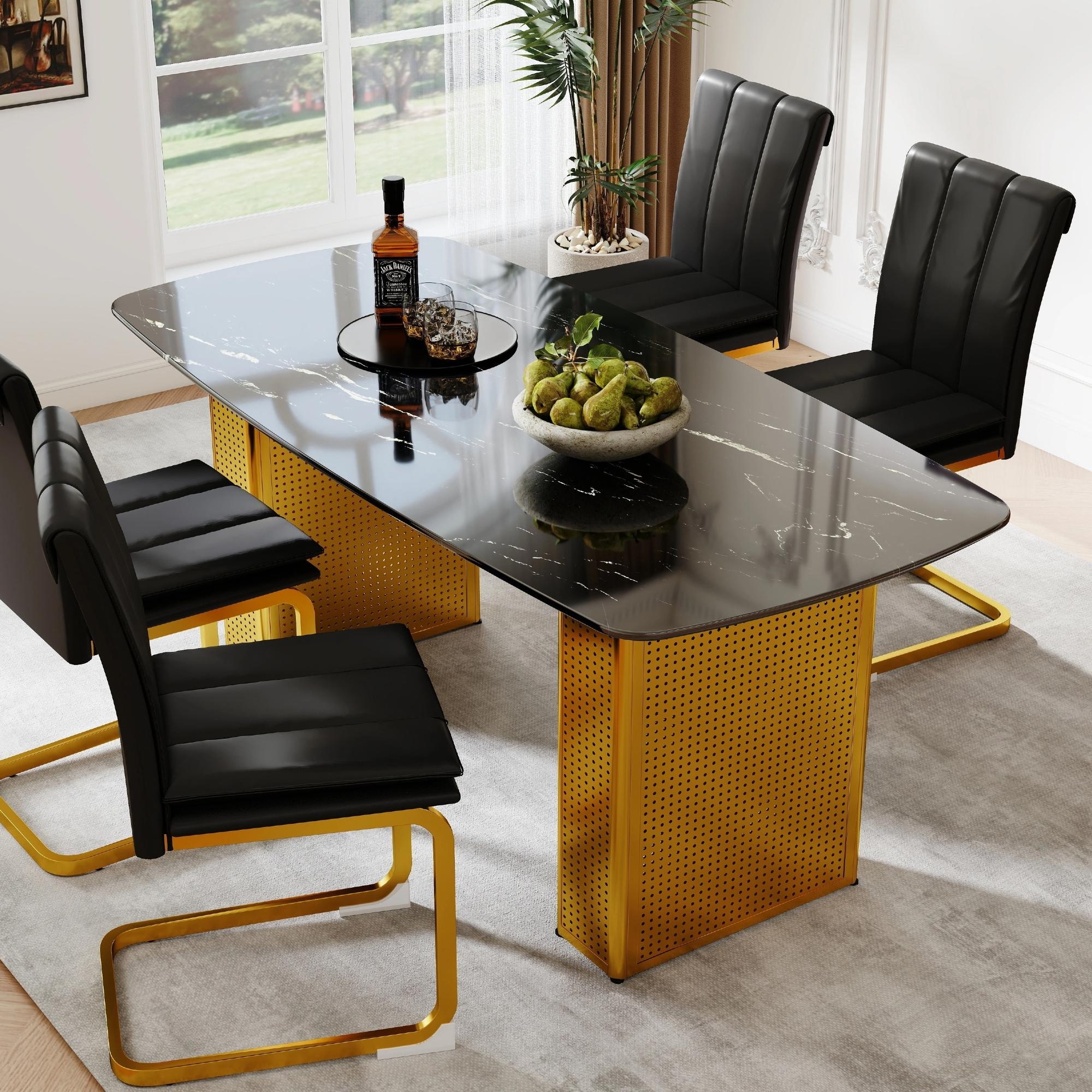 Modern Rectangular Tempered Glass Dining Table, Marble-Patterned Design with Gold Dual-Pedestal Metal Base for Dining Room