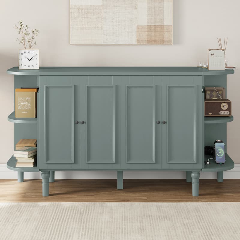 Farmhouse Murphy Bed Foldable Platform Bed Convertible Chest Cube Cabinet Bed with Curved Shelves and Charging Station - Venus Teal - Full