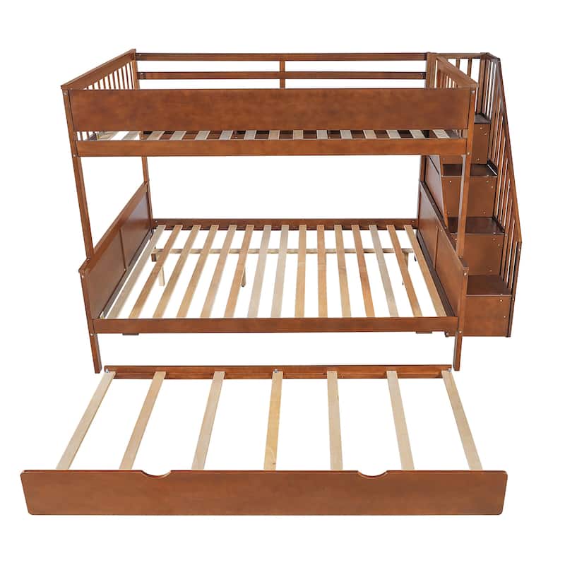 Full XL Over Queen Bunk Bed with Staircase Storage, Underbed Trundle, Open Shelf & LED Light by Harper&Bright Designs