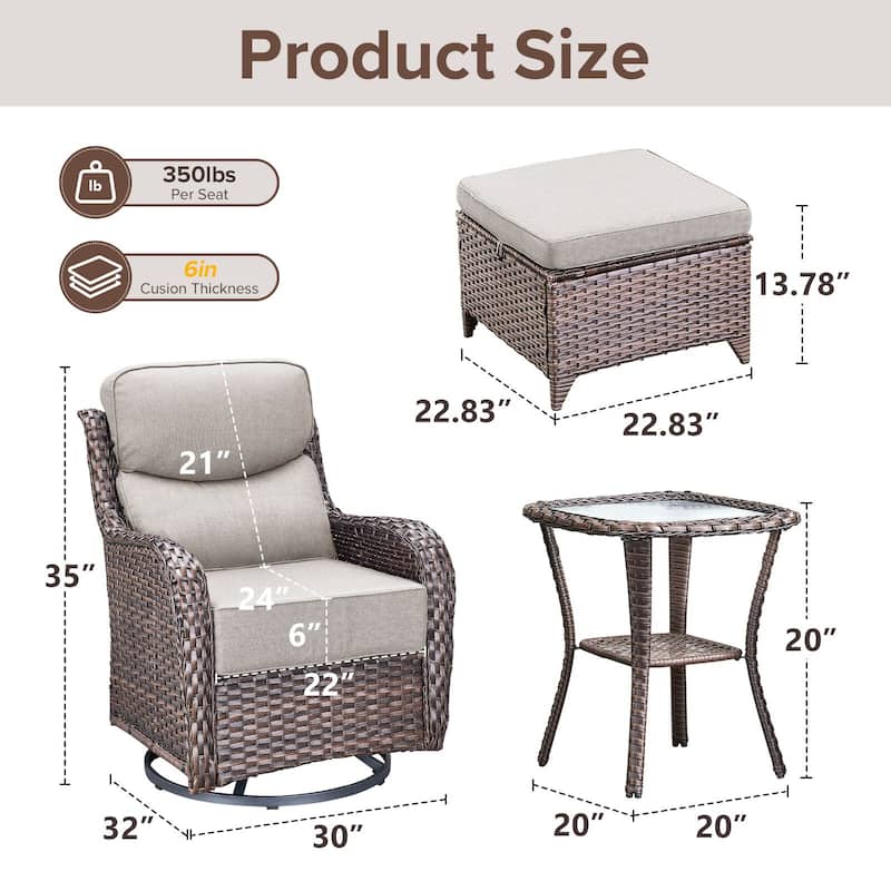 Gymojoy 5-Piece Patio Swivel Glider Chair Ottoman Set with Side Table, 6-Inch Ultra-Plush Cushions