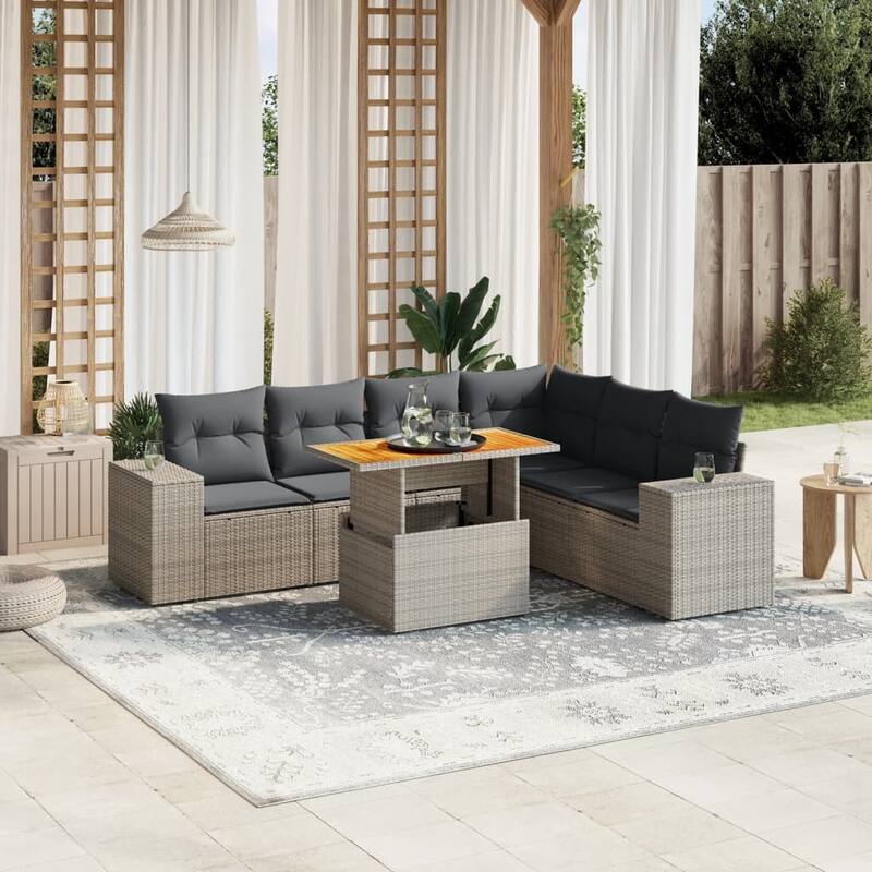 vidaXL Patio Sofa Set with Cushions Table and Modular Sofas 7 Piece Poly Rattan