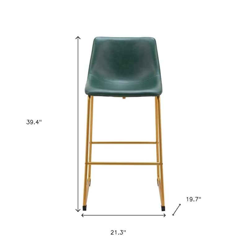 Set of Two 29" Green And Gold Faux Leather And Steel Bar Height Bar Chairs