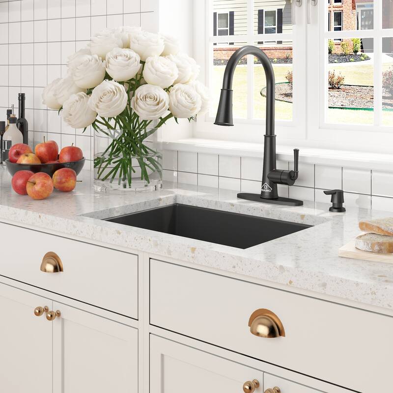 CASAINC All-in-One Fireclay 27 in. Single Bowl Undermount Kitchen Sink with Infrared Sensor Kitchen Faucet and Accessories