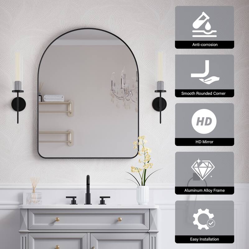 24 in./28 in. W x 36 in. H Bathroom Wall Mounted Arched Anodized Aluminum Framed Mirror