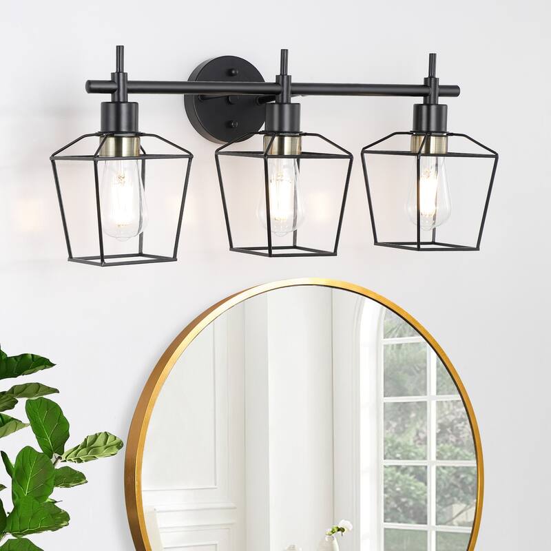 Vintage Matte Black Bathroom Vanity Light Farmhouse Wall Sconce with Cage - 3-Light