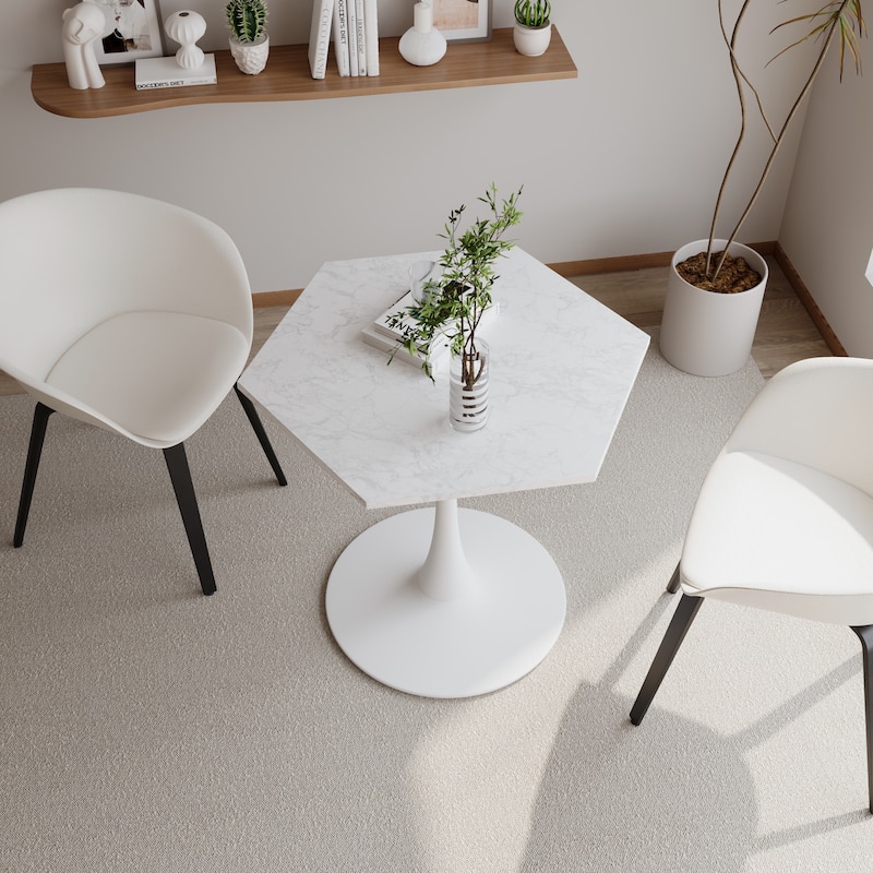 31.50"Modern Hexagonal Coffee Table with Printed Marble Table Top,Metal Base, for Dining Room, Kitchen, Living Room