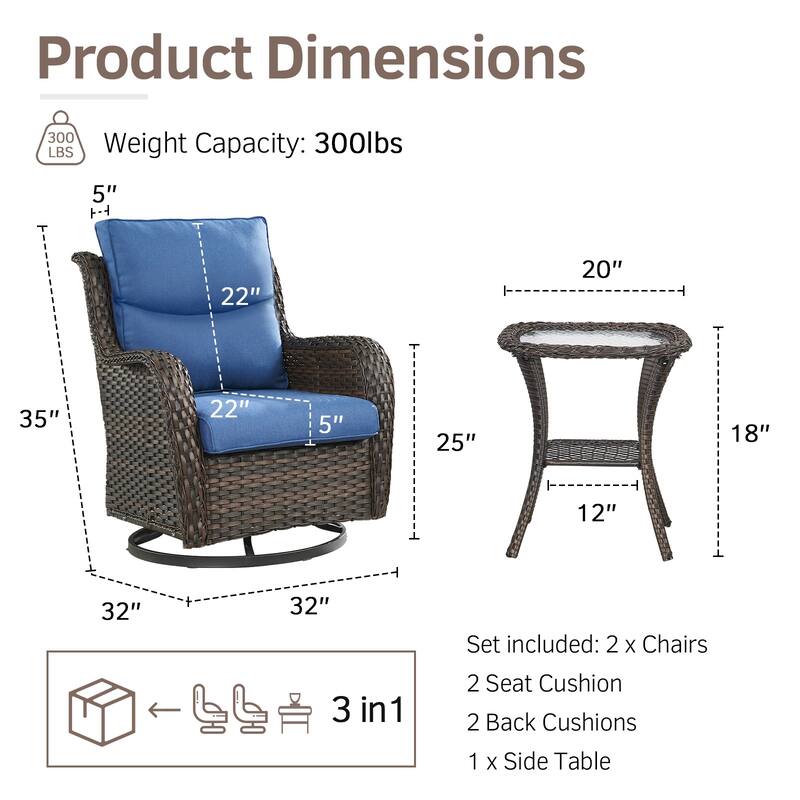 2PCS Rattan Rocking Chair with Tempered Glass Side Table - Brown