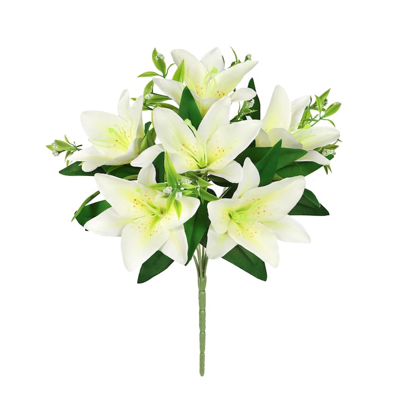 Set of 4 Cream White Artificial Stargazer Lily Flower Stem Bush Bouquet 13in - 13" L x 8" W x 8" DP - Cream White - 13" L x 8" W x 8" DP