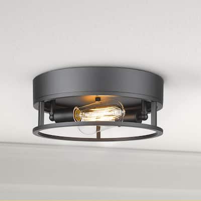2 - Light Black Metal Caged Flush Mount Light - 11.8