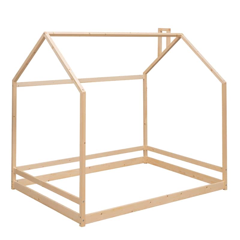 Twin/Full Size Wooden House Bed for Kids, Semi-Enclosed Playhouse Design with Roof, Perfect for Bedroom Fun and Sleep
