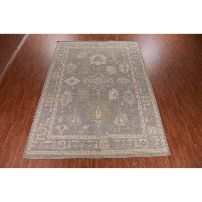 Hand Knotted Oriental 100% Wool Carpet Transitional All-Over Greys & Charcoal Oushak Area Rug - 14' 0'' X 10' 1''