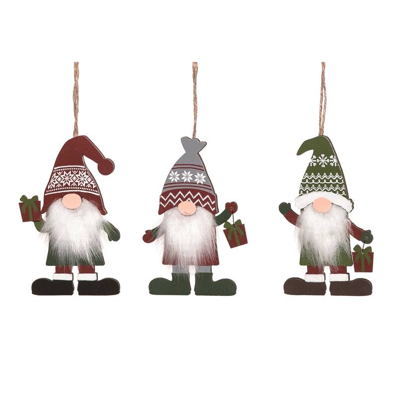 Transpac Plywood Fairisle Gnome Ornament Set of 3 Christmas Home Decorations