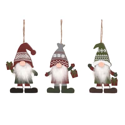 Transpac Plywood Fairisle Gnome Ornament Set of 3 Christmas Home Decorations