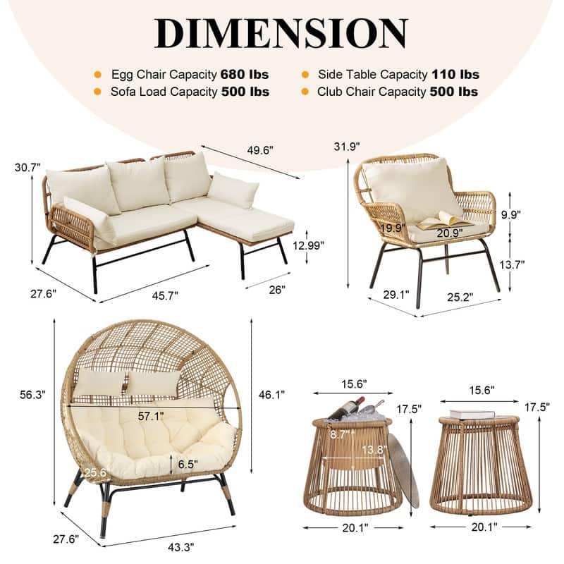 7 Piece Boho Patio Furniture Set with 2-Person Egg Chair, Outdoor Wicker Rattan Sectional Sofa with Lounge Chairs and Ice Bucket