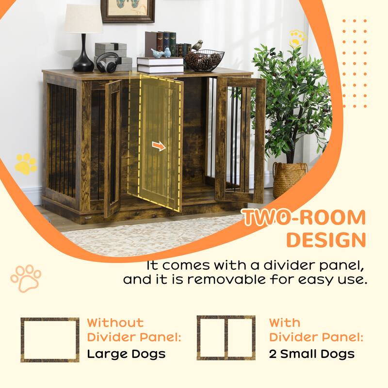 PawHut Large Furniture Style Dog Crate with Removable Panel, End Table with Two Rooms Design and Two Front Doors