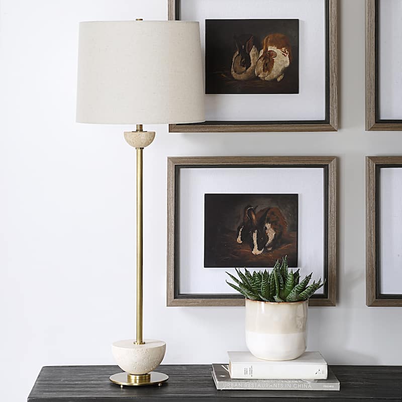 Buffet Lamp with Two Travertine Half Spheres - 36.5" - Brass Finish