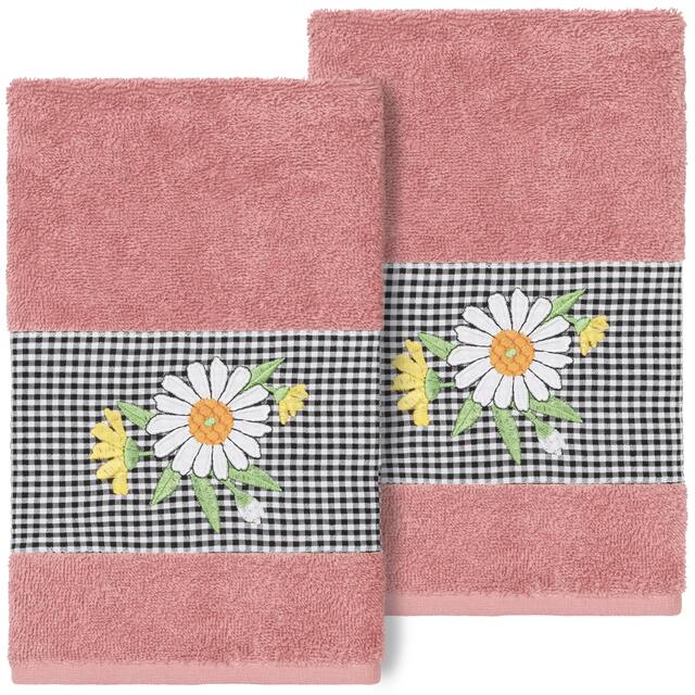 Authentic Hotel and Spa 100% Turkish Cotton Daisy 2PC Embellished Hand Towel Set - Tea Rose
