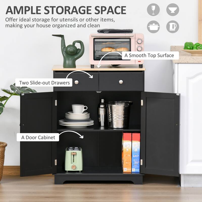 Sideboard with Solid Wood Countertop, Modern Kitchen Storage Cabinet, Coffee Bar Cabinet with 2 Drawers, Doors and Shelf