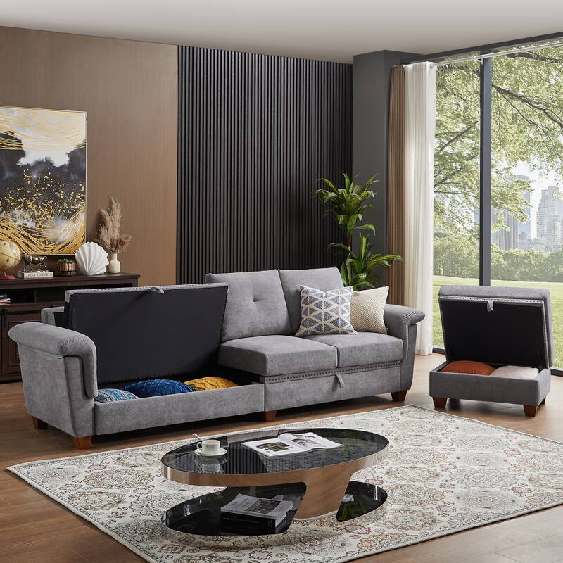 109" Modern 4 Seaters Towelling Sectional Sofa with Hidden Coffee Table Adjustable Headrest and Large Storage Space