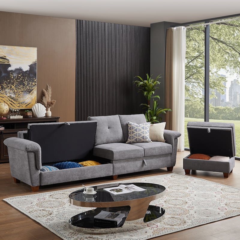 109" Modern 4 Seaters Towelling Sectional Sofa with Hidden Coffee Table and Large Storage Space
