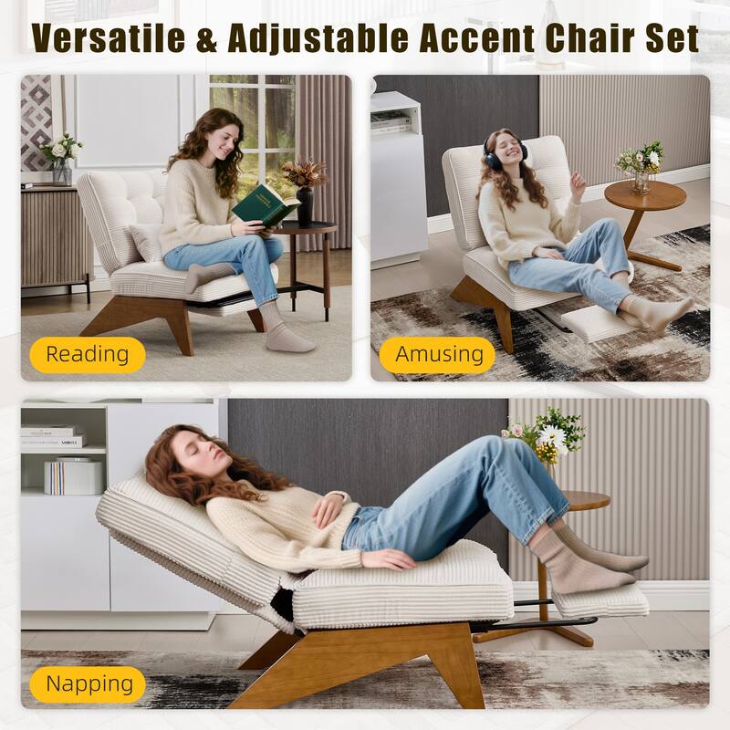 HOMEFUN Upholstered Modern Multi-Position Adjustable Wooden Base Lounge Chair with Footrest and Lumbar Pillow