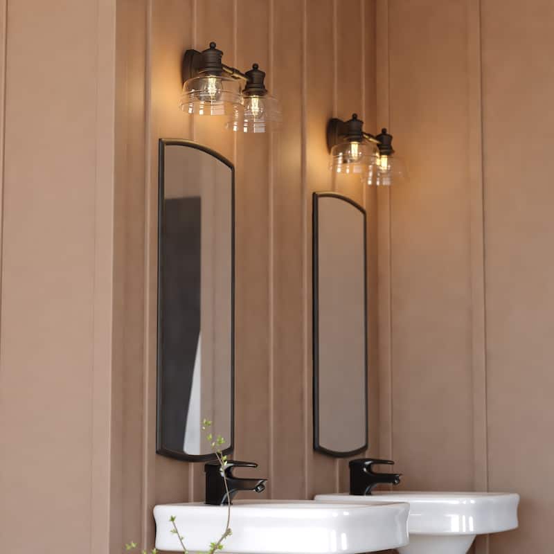 Beloit 2-Light 17 in. W Matte Black Farmhouse Bathroom Vanity Lighting Fixture Clear Seeded Glass Shade, Dimmable LED Compatible