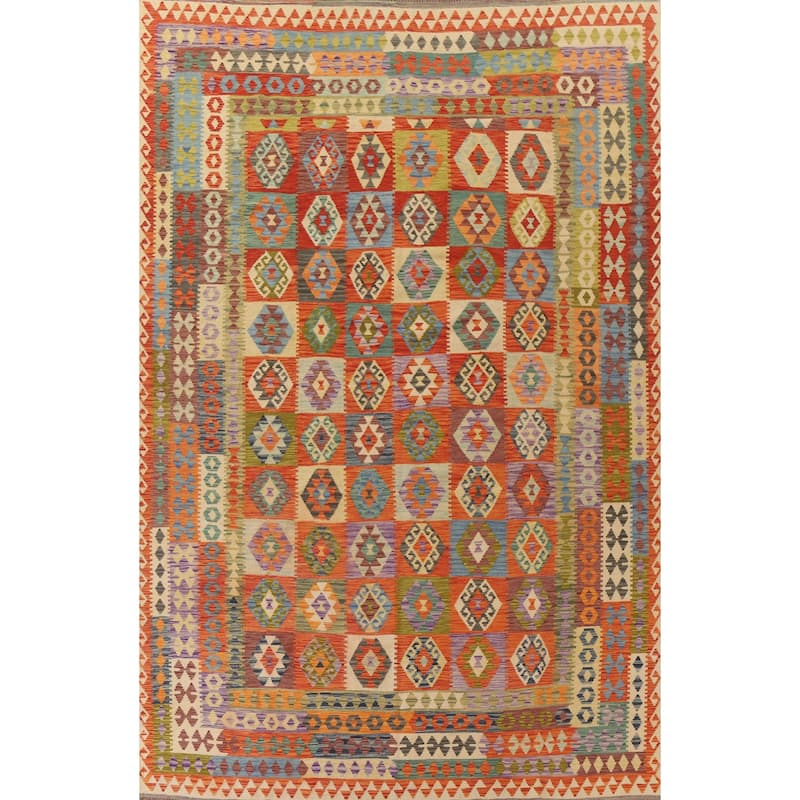 Hand Woven Oriental 100% Wool Carpet Southwestern Geometric Multi-Colored Kilim Area Rug - 12' 8'' X 9' 7''