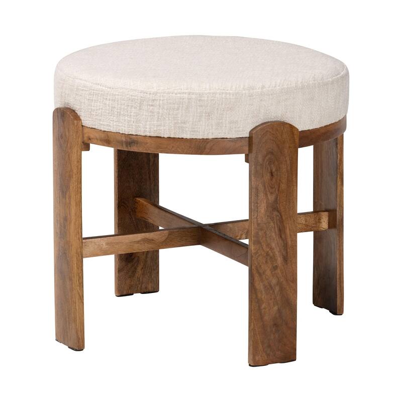 Whitfield Round Fabric Ottoman Stool - Modern Accent Seating or Footstool with Upholstered Cushion and Mango Wood Frame - Ivory/Walnut Brown