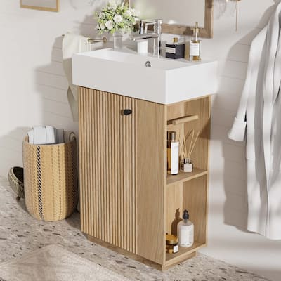 21.6" Modern Freestanding Bathroom Vanity With Ceramic Sink, Left-Door Wood Grain Cabinet & Open/Closed Storage