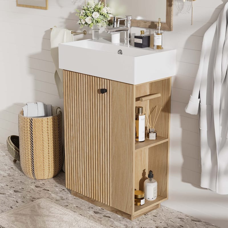 21.6 Inch Bathroom Vanity Ceramic Sink Freestanding Left Door Wood Grain Small Bathrooms