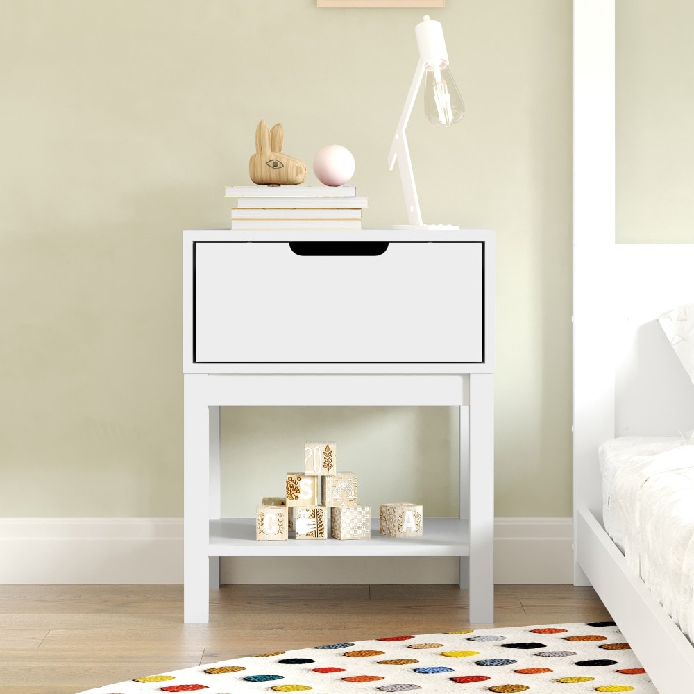 Wooden Night Stand for Kids Bedroom with Storage Drawer and Shelf