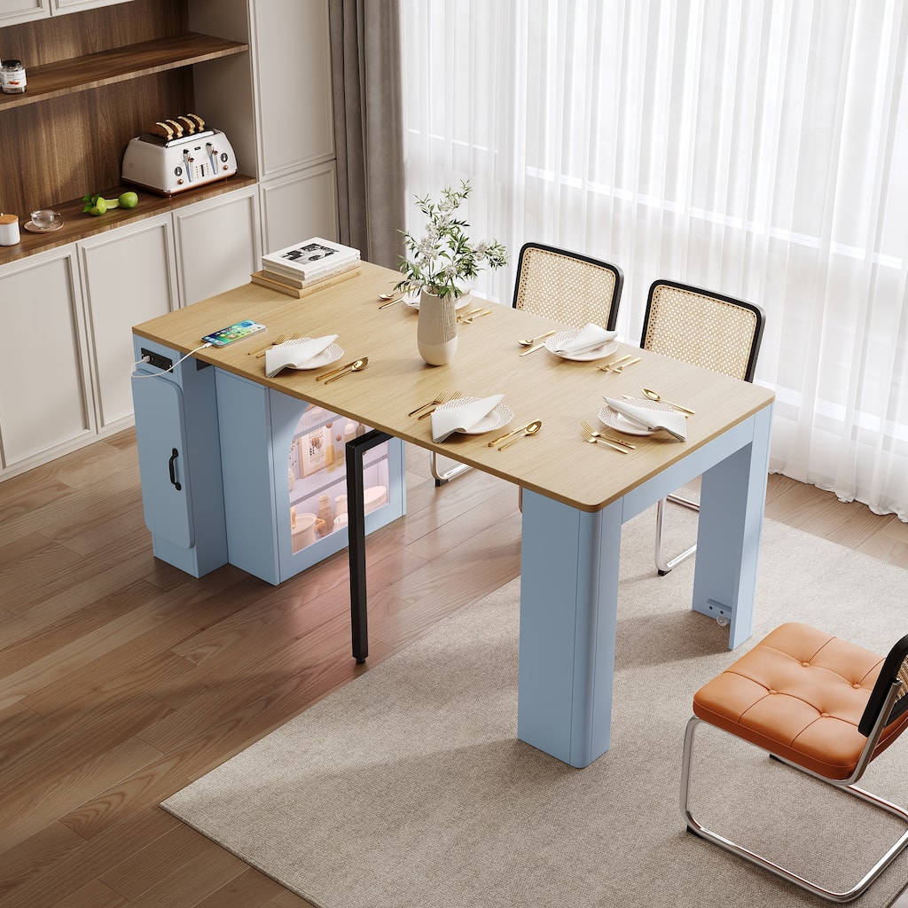 Storage Kitchen Island with Extendable Dining Table on Wheels and 3 Removable Middle Leaves, Power Outlet, Arch Cabinet, Light