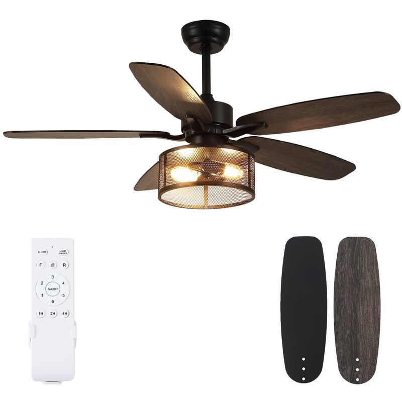 56 Inch Ceiling Fan with Caged Light and Plywood Blades for Farmhouse Living Room Bedroom - 56 Inches - Black and Grey