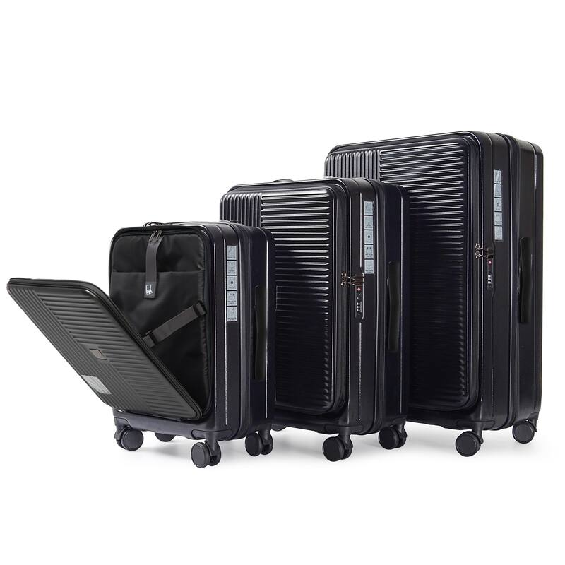 Luggage Sets 3 Piece, ABS Hardshell Front Opening Carry On Suitcase Set with TSA Lock, for Men Women Travel - Black