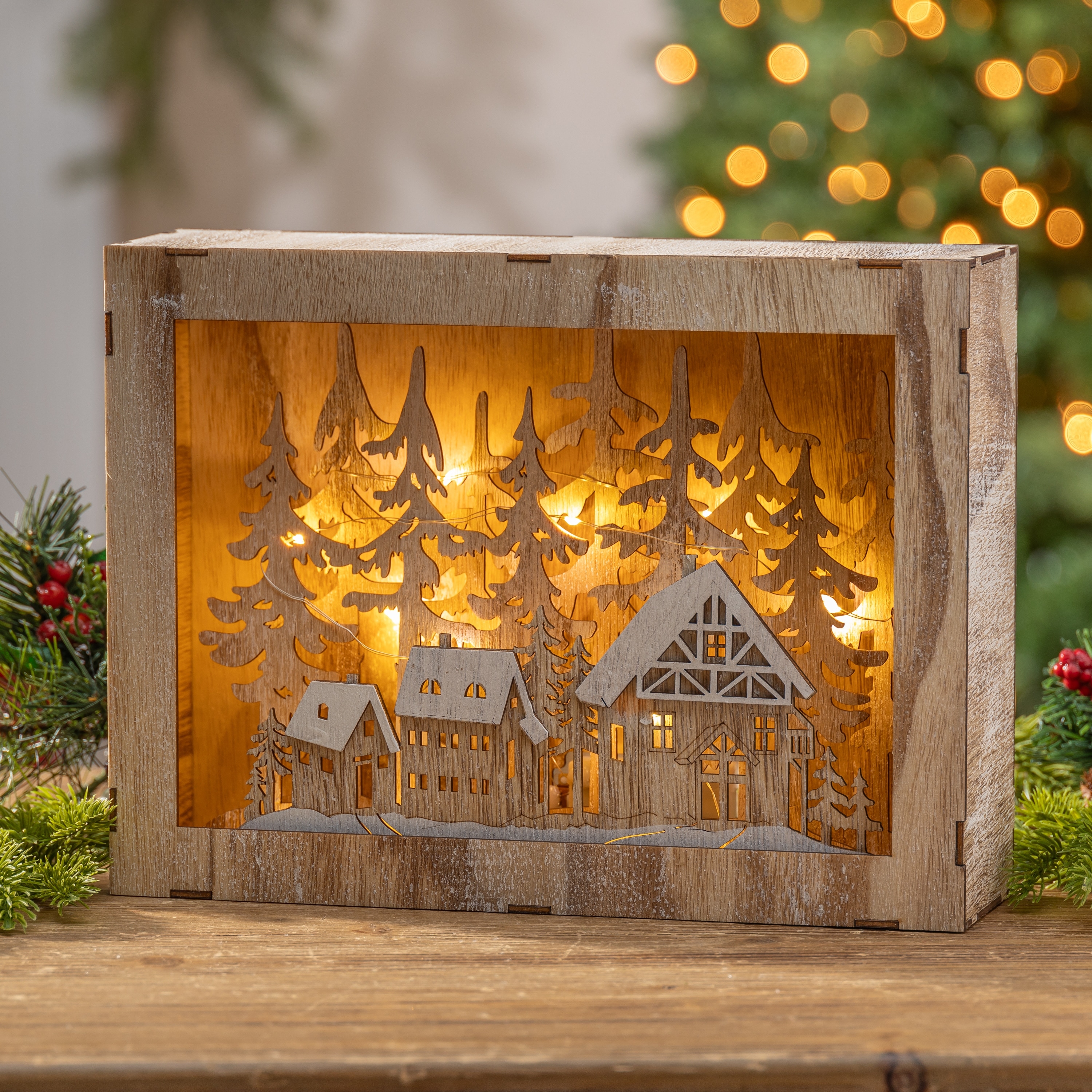 Gerson International 11.8 in. Enchanting Battery Operated Lighted Laser Cut Wood Winter Scene Multi Color