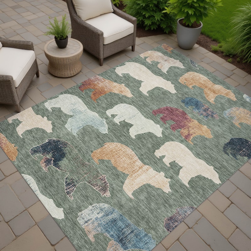 Machine Washable Indoor/ Outdoor Modern Bear Chantille Rug - Green - 9' x 12'