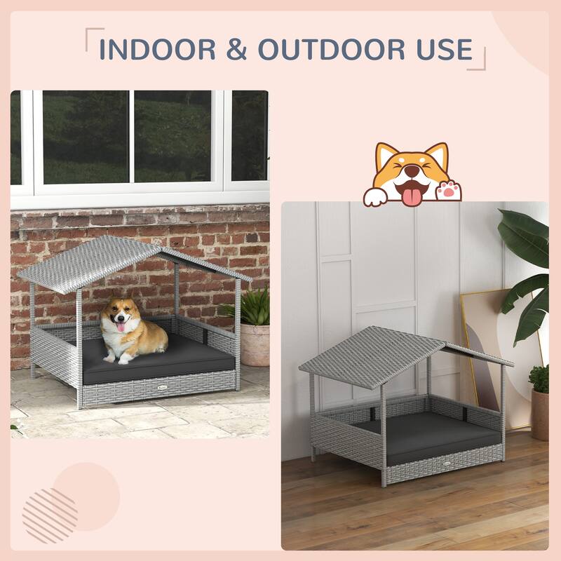 Wicker Dog House Outdoor with Canopy, Rattan Dog Bed with Water-resistant Cushion, for Small and Medium Dogs