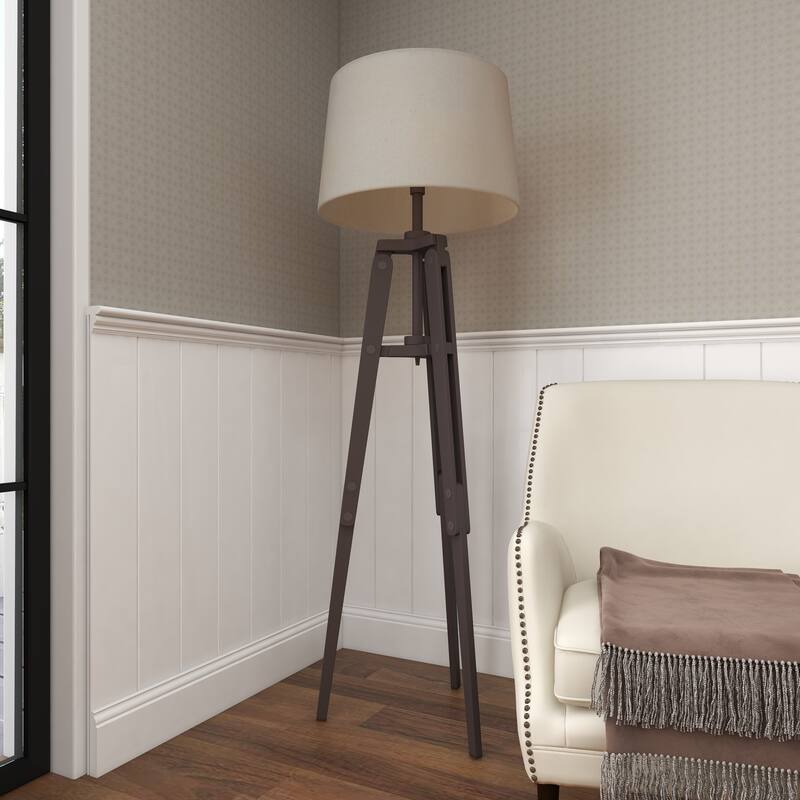 Black Wood Tripod Room Floor Lamp with Cream Linen Shade