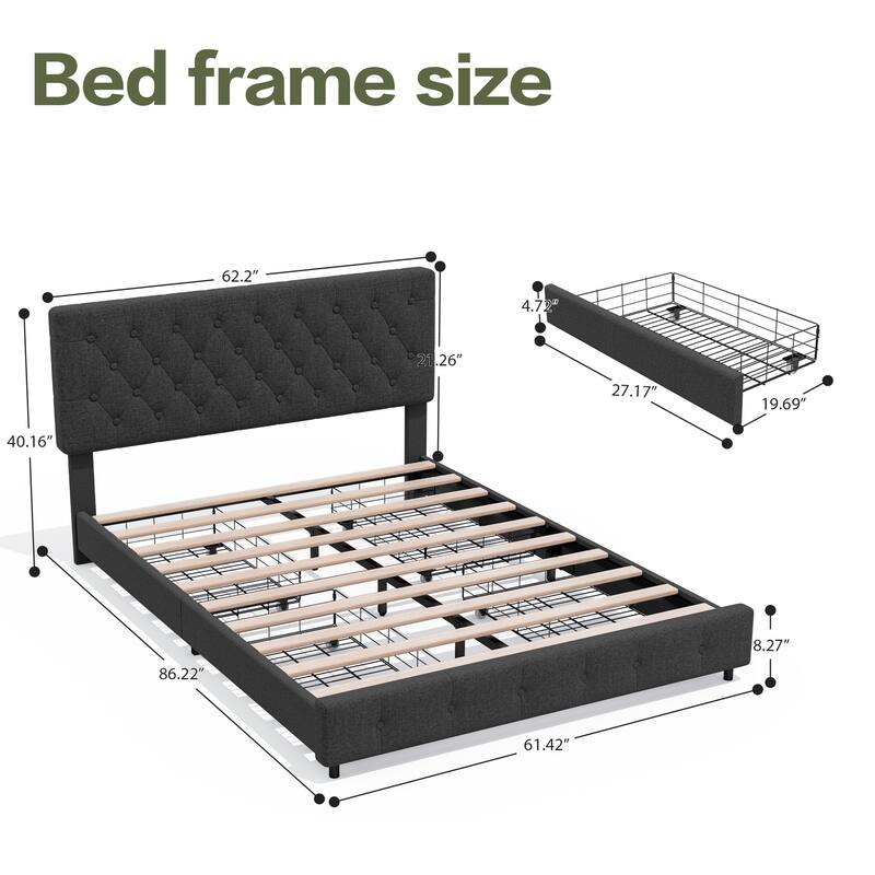 Linen Upholstered Headboard Bed Frame with Large Hidden Storage, 4 Underbed Drawers with Pulleys