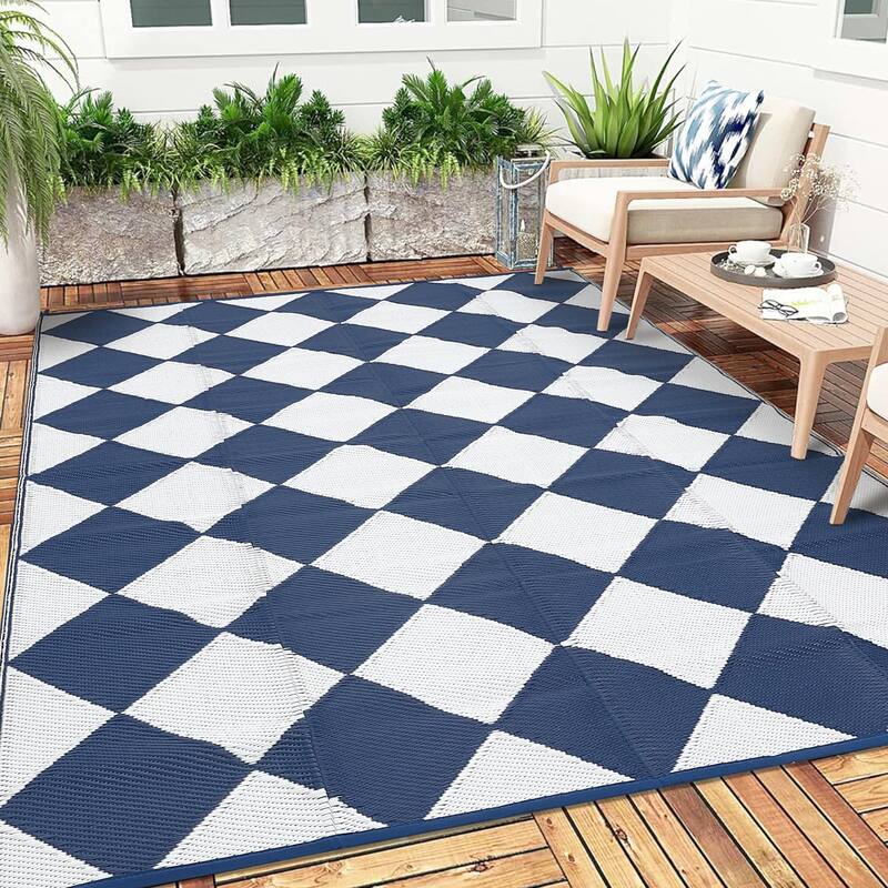 Outdoor Rug Waterproof Reversible Rug Plastic Straw Rug Checkered Floor Mat Outside Carpet for Camping RV Backyard Patio - 9'x12' - Dark Blue White