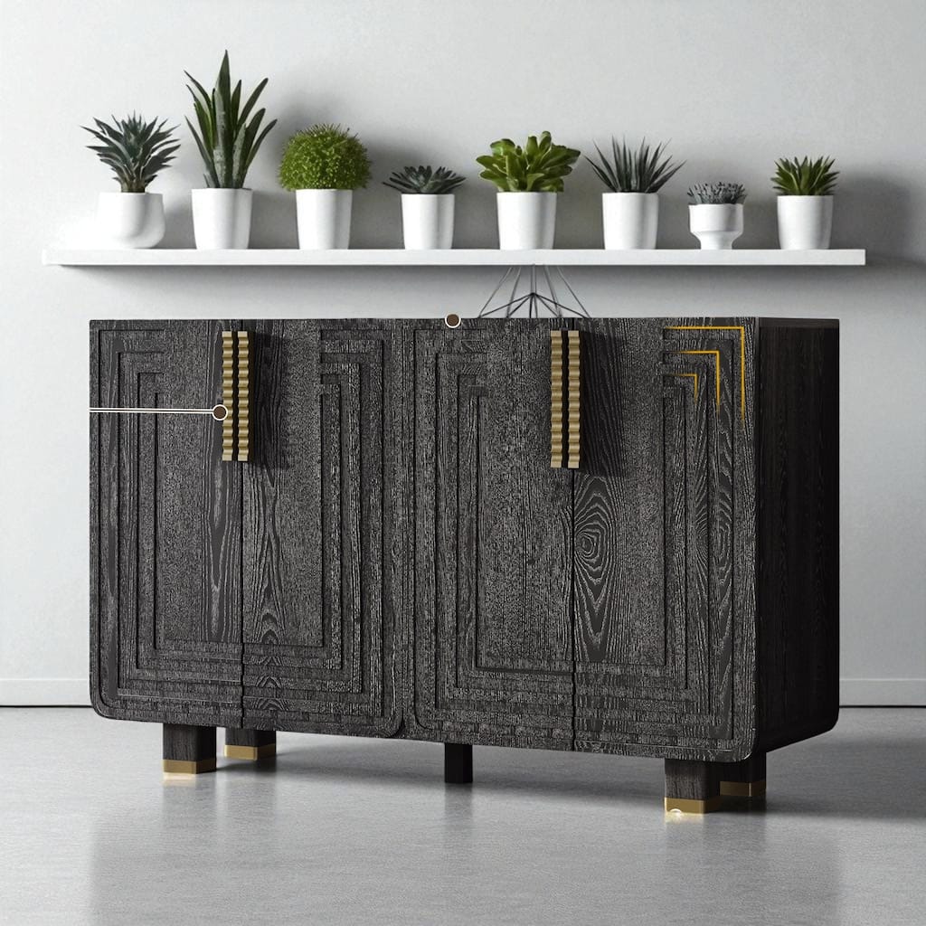 54" Retro Sideboard Buffet Cabinet with 4 Fluted Doors, Adjustable Shelves, Ash Veneer Storage Console for Dining Room