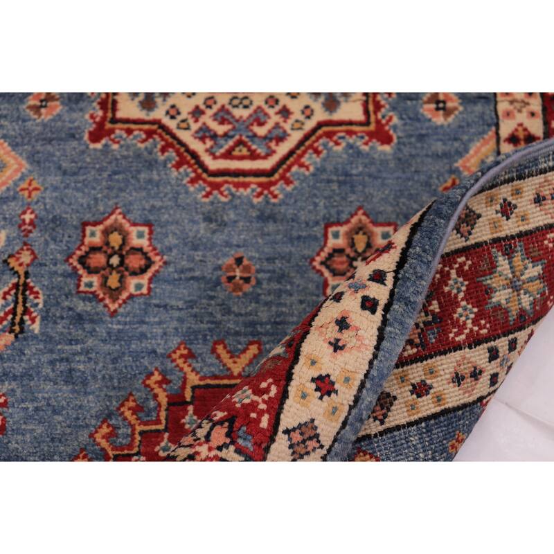 Southwestern Super Kazak Esme Light Blue/Red Hand Knotted Wool Runner - 2'5'' x 9'9''