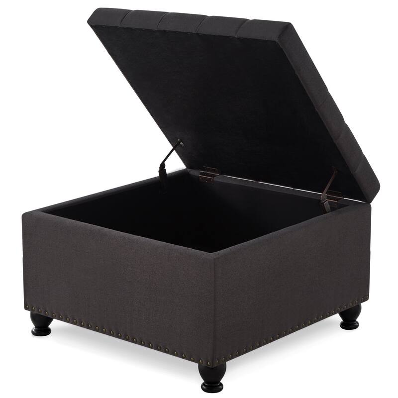 Large square storage ottoman with wooden legs, Upholstered button tufted coffee table with nail trims,Linen