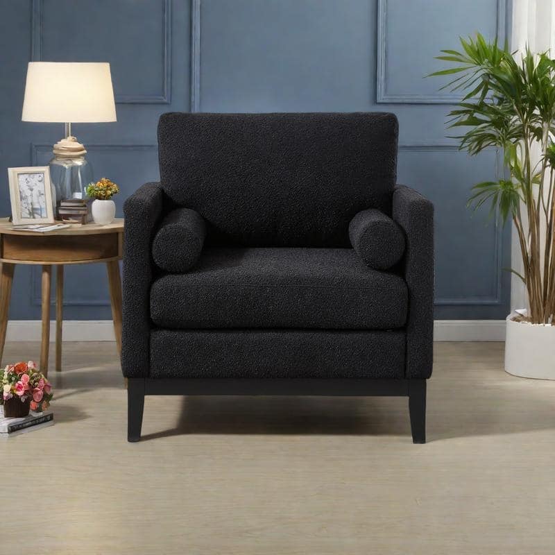 Boucle Modern Farmhouse Armchair with 2 Bolster Pillows and 300lb Capacity - Black